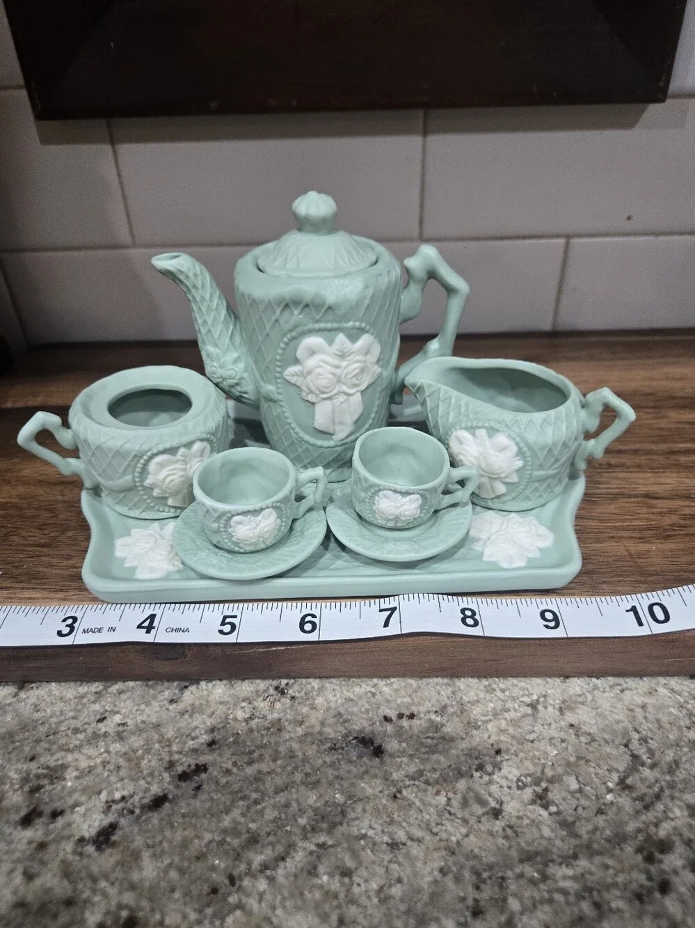 Mint Green Ceramic Tea Set with Floral Relief
